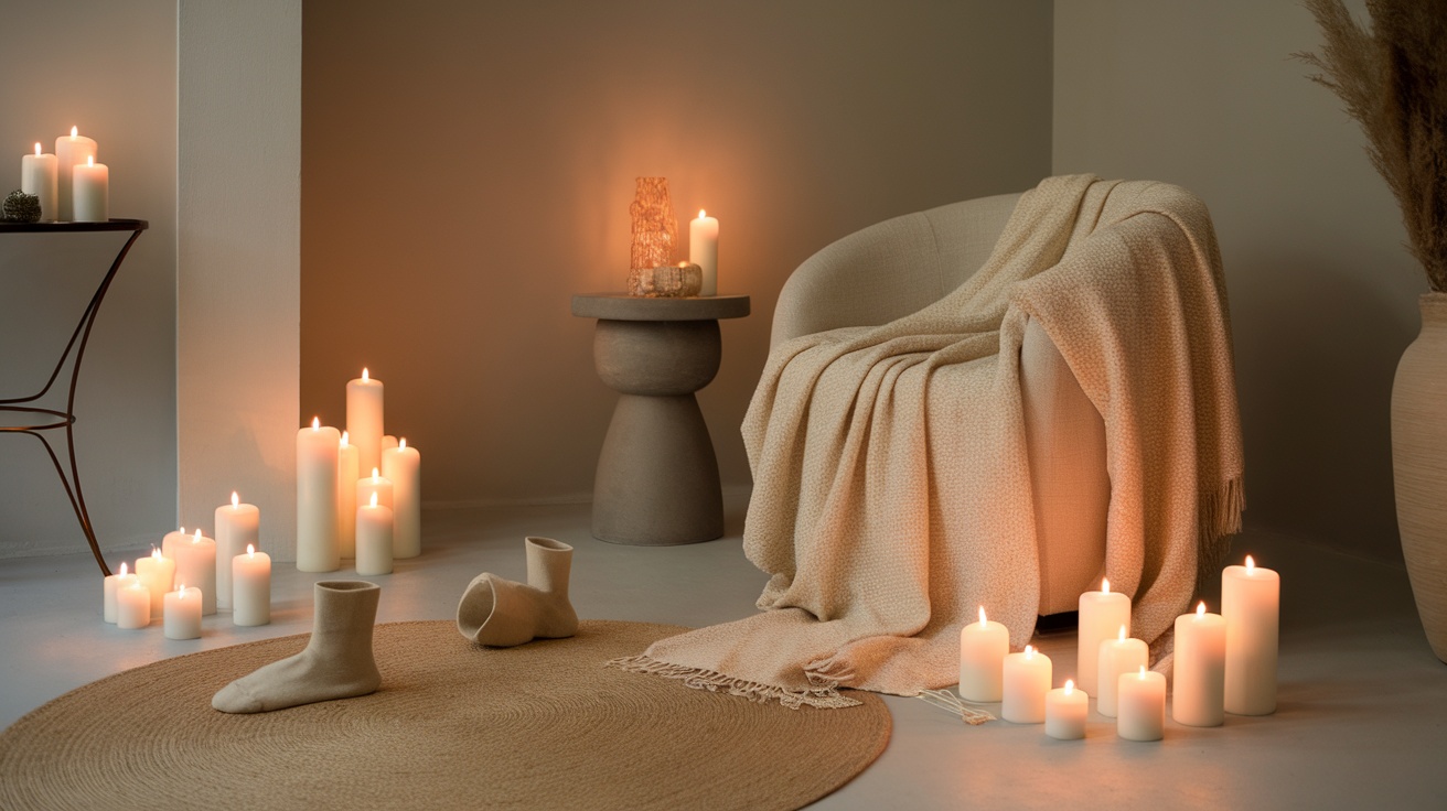 A cozy scene featuring a chair, soft blanket, candles, and warm socks.