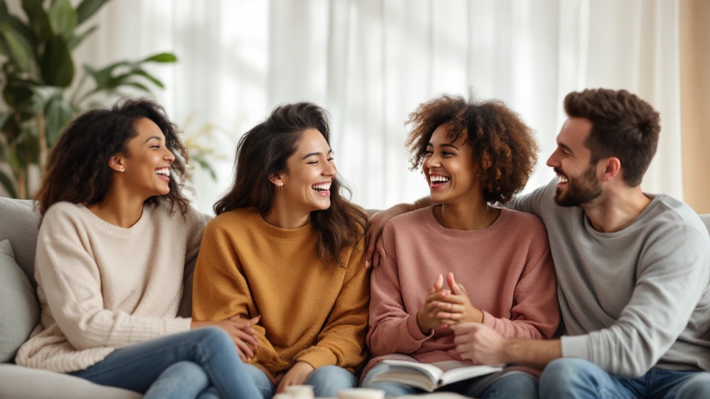 A group of four friends laughing and enjoying each other's company while sitting together.