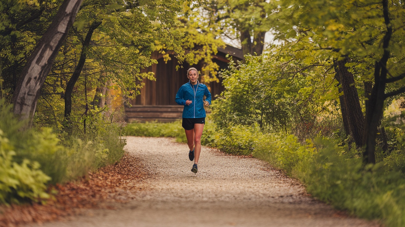 A person running on a path surrounded by trees.