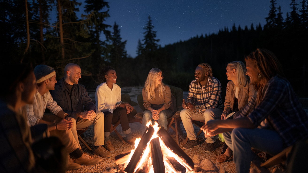 Group of people sitting around a campfire in a forest, enjoying each other's company.