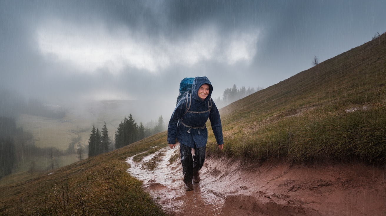 A person hiking in rainy weather, smiling and carrying a backpack.