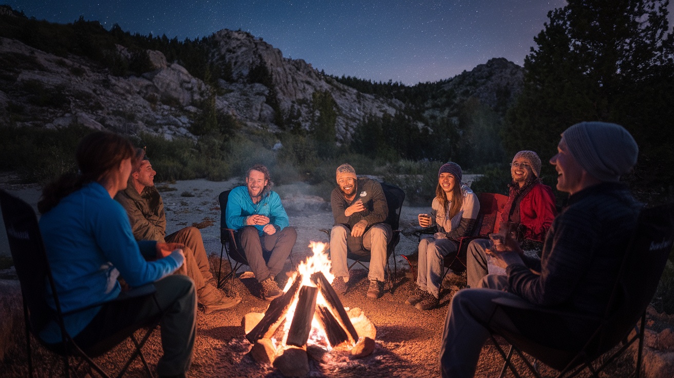 Group of people sitting around a campfire smiling and interacting at night.