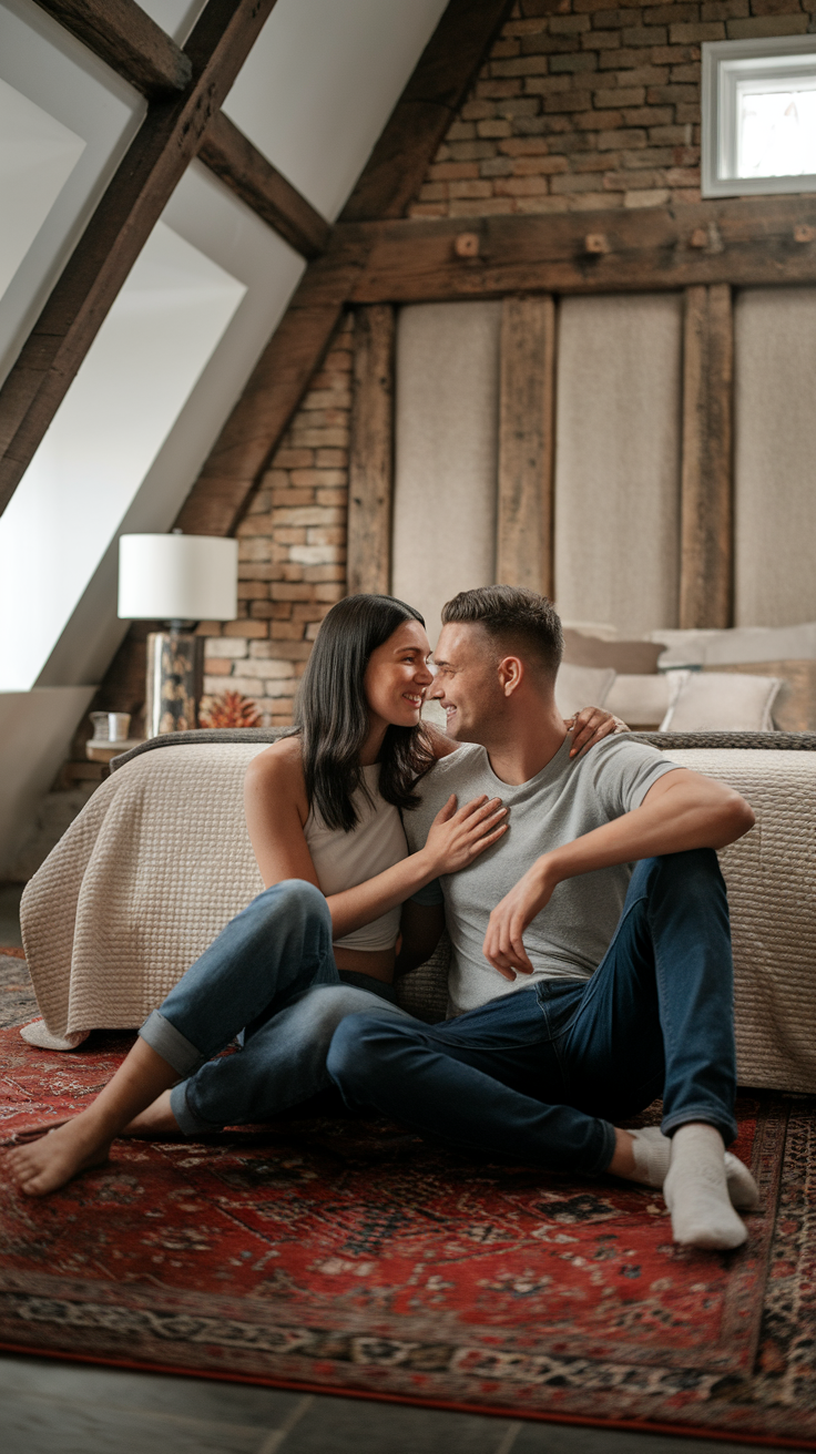 A happy couple sitting together on a rug, sharing a warm moment in a cozy room.