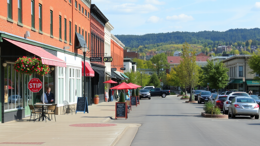 A scenic view of downtown Burlington, Vermont, showcasing shops, outdoor seating, and a clear blue sky.