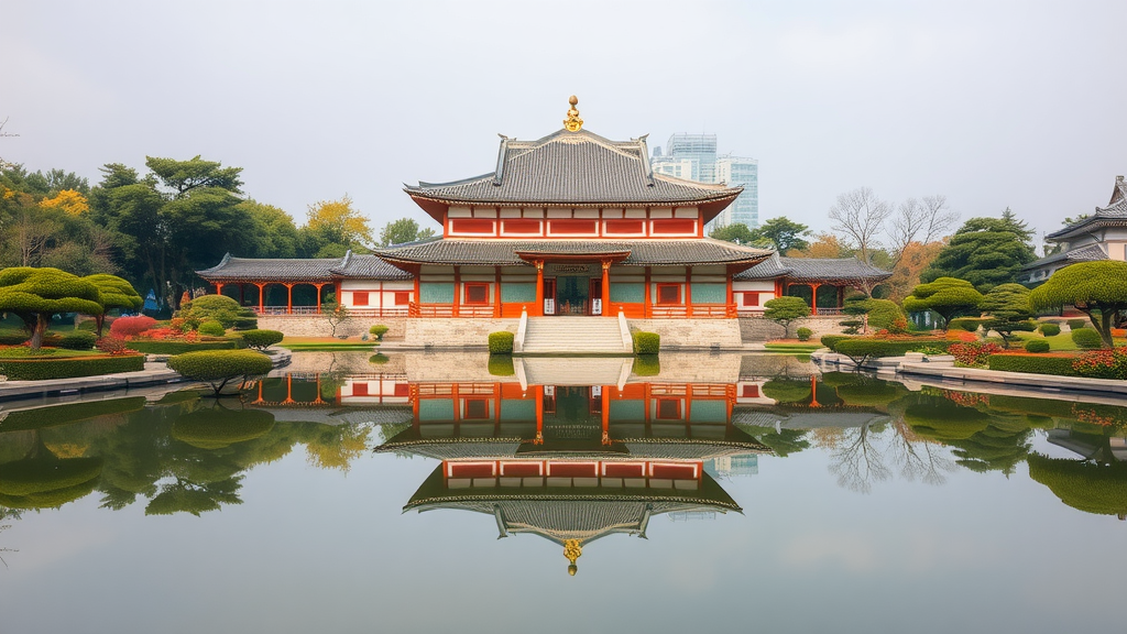 A beautiful view of Byodoin Temple's Phoenix Hall reflected in a tranquil pond surrounded by greenery.