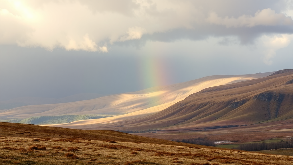 Vast landscape of Cairngorms National Park in Scotland with rolling hills and a rainbow