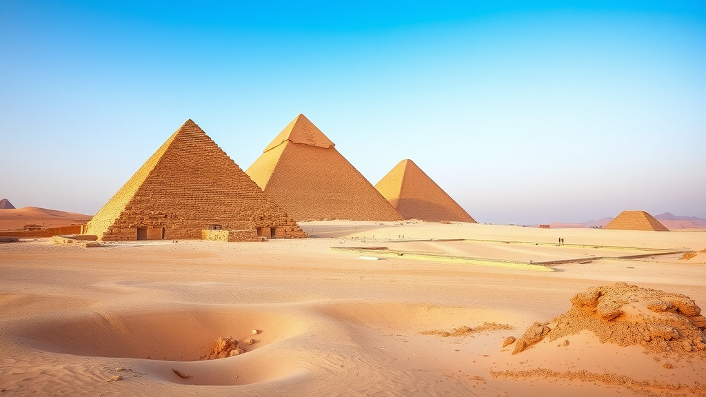 The Pyramids of Giza in Cairo, Egypt under a clear blue sky