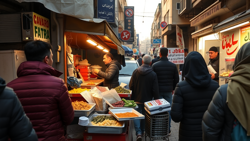 A bustling street food scene in Cairo, showcasing vendors and various snacks.