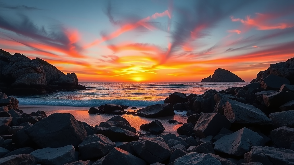 A stunning sunset over Cala Comte, Ibiza, with colorful skies and rocky shores.