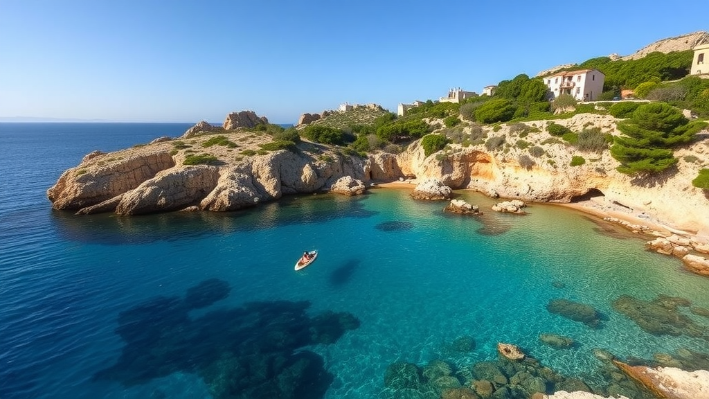 Aerial view of Cala de la Granadella beach in Jávea, Spain, featuring clear turquoise water, rocky cliffs, and lush greenery.