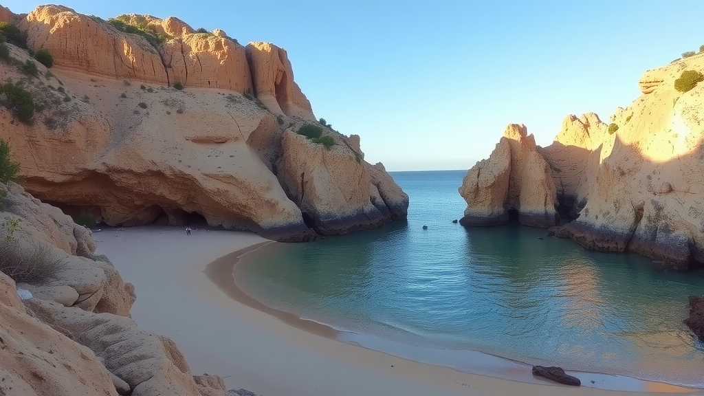 A picturesque view of Cala de la Mola beach, showcasing golden sand, turquoise water, and dramatic cliffs.