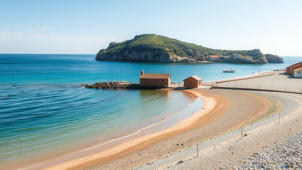 Scenic view of Cala de S'Alguer with turquoise waters, sandy beach, and rocky island in the background