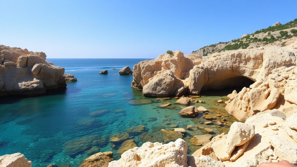 Cala del Moraig beach with clear blue water and rocky cliffs in Benitachell, Spain