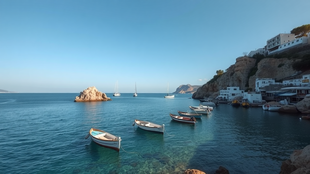 A serene view of Cala Figuera with boats in the harbor and rocky hills in the background