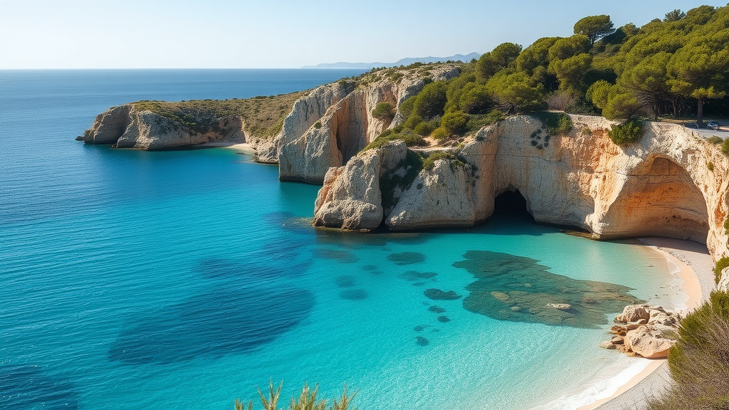 A scenic view of Cala Mitjana beach in Menorca, featuring clear turquoise water, sandy shores, and surrounding cliffs.