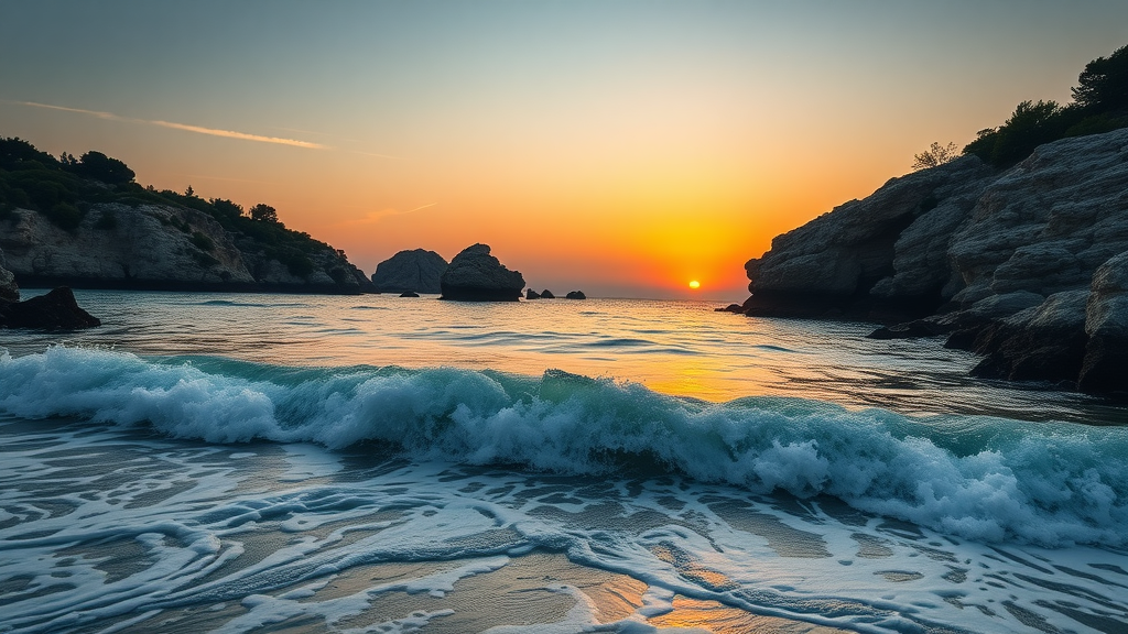 Sunset at Cala Moli beach in Ibiza with waves and rocky cliffs