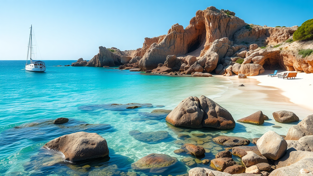 A scenic view of Cala Saona beach in Formentera with a sailboat and rocky coastline.