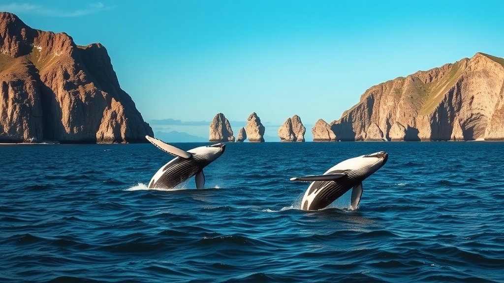 Whales breaching in the ocean near the Channel Islands, with rocky cliffs in the background.