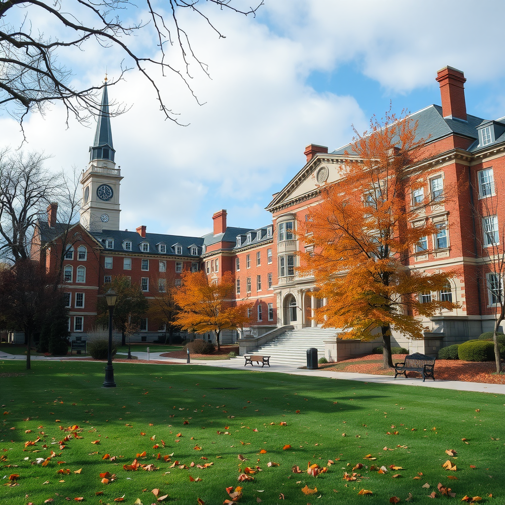 A picturesque view of Cambridge, Massachusetts featuring classic red brick buildings, a clock tower, and colorful autumn foliage.