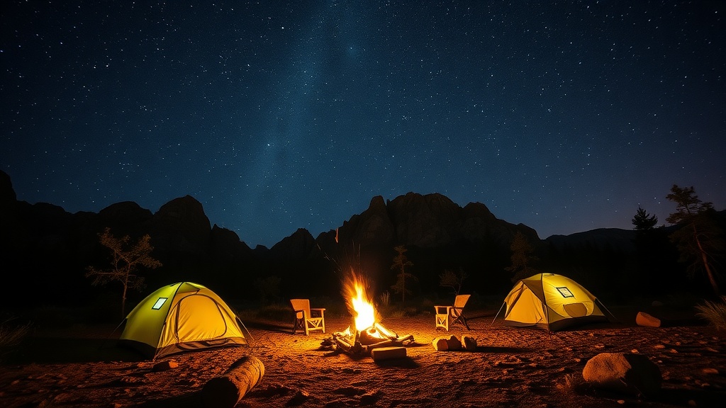 Two yellow tents beside a campfire under a starry sky, with mountains in the background.