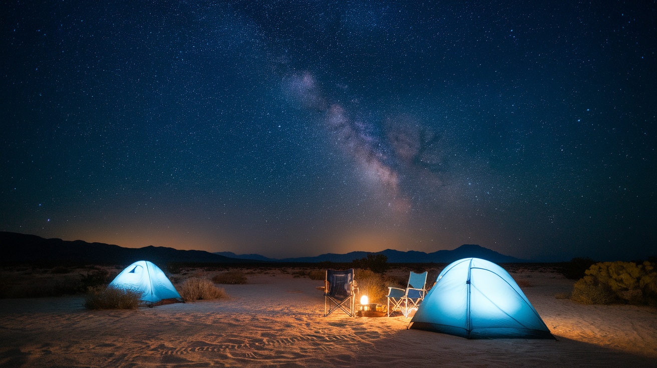 Two tents and chairs under a starry sky in the Mojave Desert.