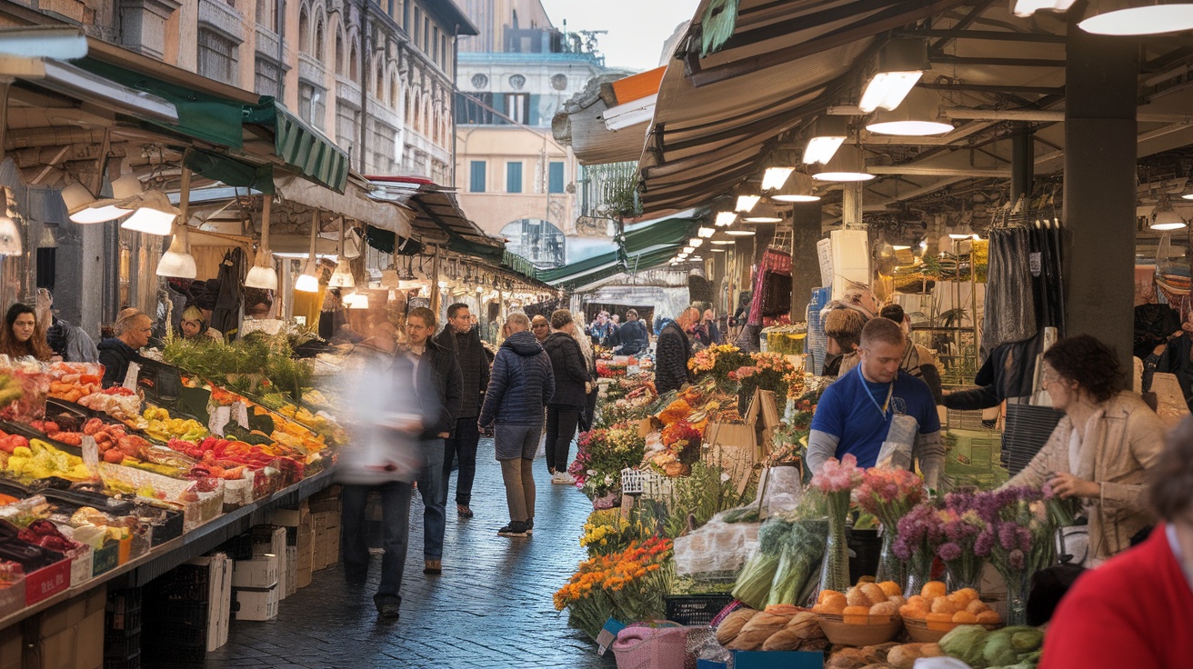 A bustling market scene at Campo de' Fiori in Rome, with colorful stalls and people shopping.