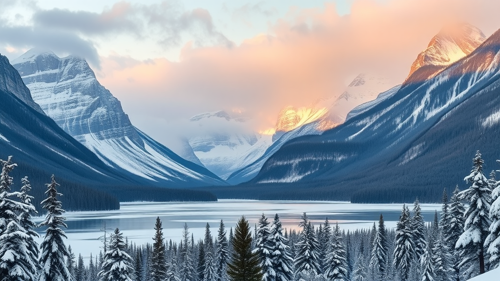 Scenic view of the Canadian Rockies with snow-covered mountains and a frozen lake.