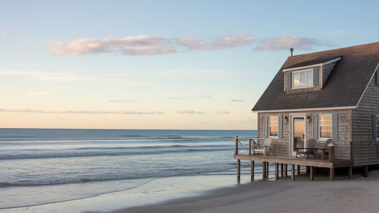 A cozy beach house by the ocean with a serene view.