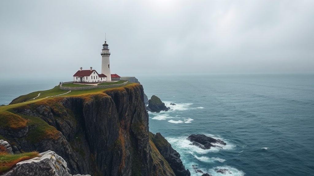 A lighthouse on a cliff overlooking the ocean at Cap Frehel.