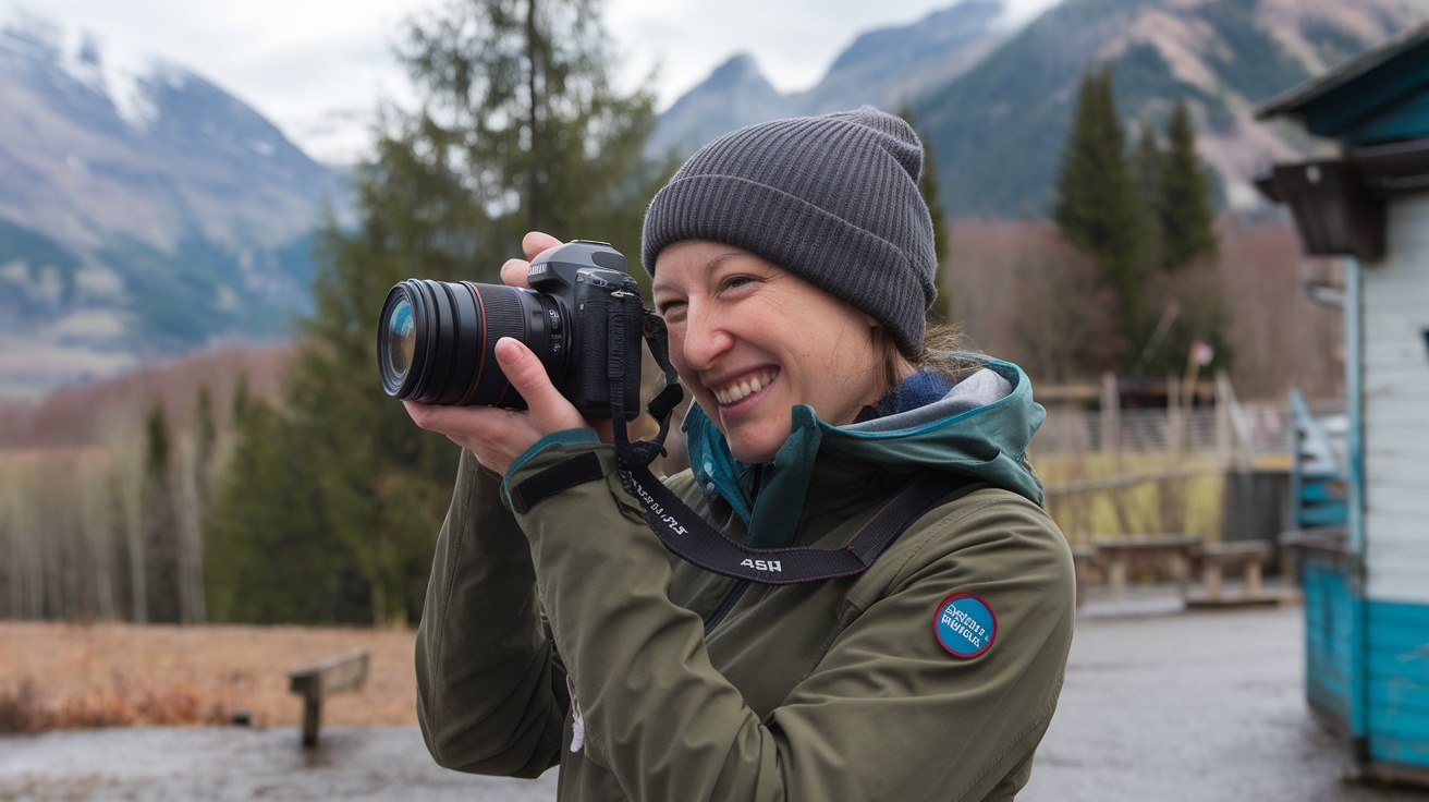 A person with a camera in a mountain setting, smiling while taking a photo.