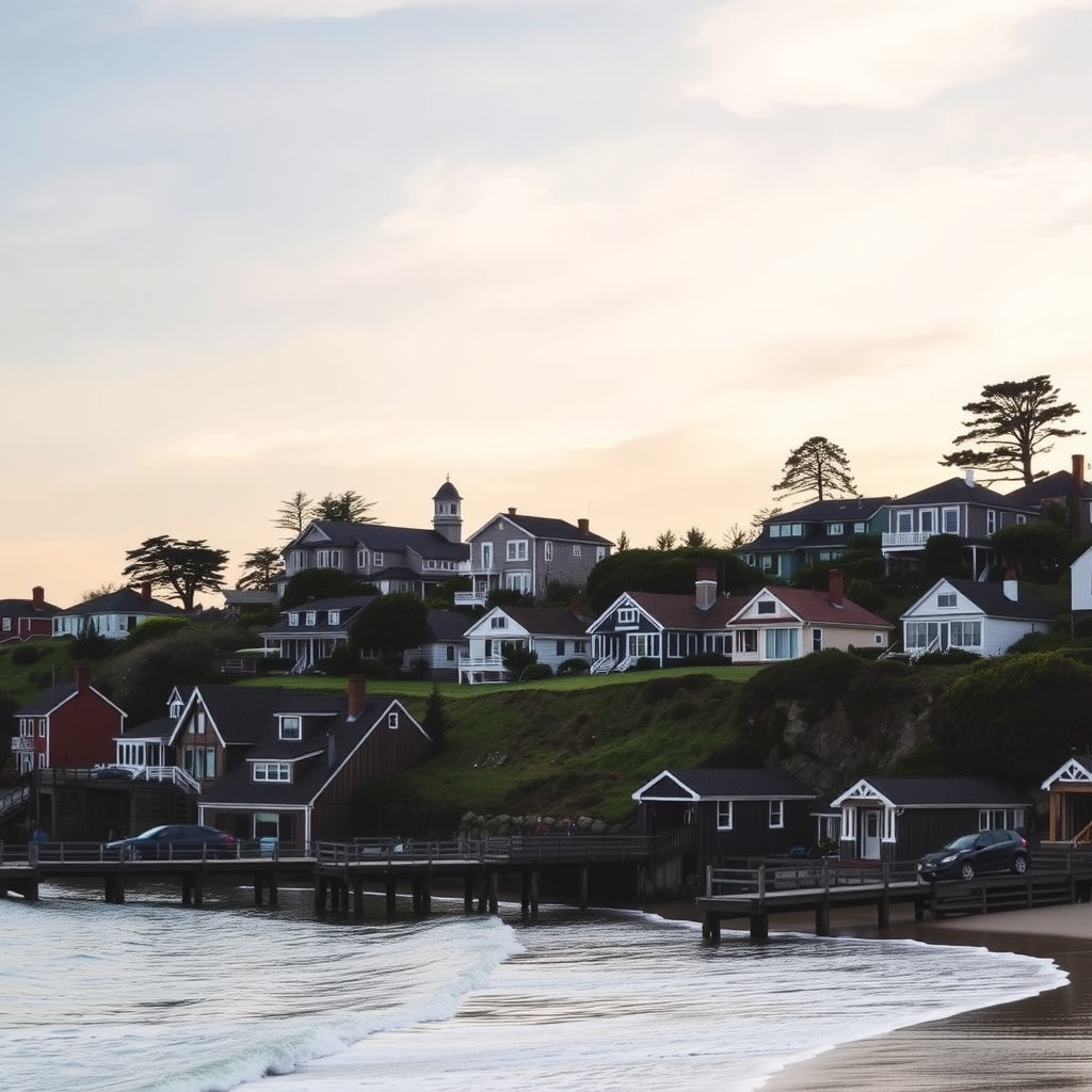 A scenic view of Carmel-by-the-Sea beach with colorful houses along the shore.