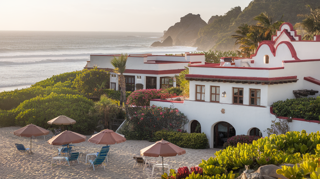 A beachfront view of Casa de Mita Hotel with vibrant colors and lush greenery.