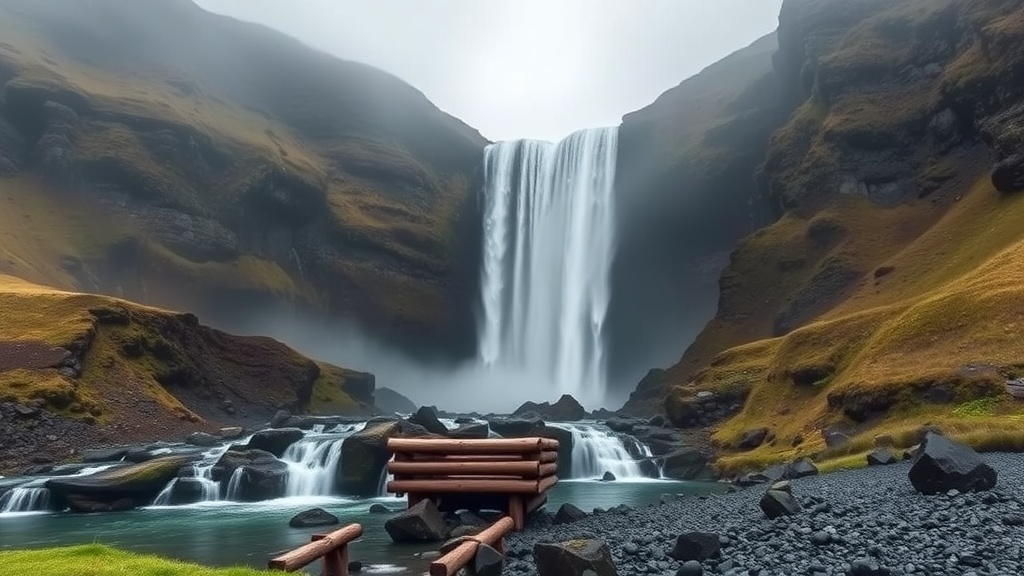 A majestic waterfall cascading down rocky cliffs, surrounded by a serene landscape.