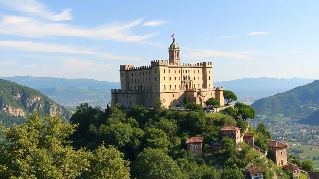 A scenic view of Castel del Monte, showcasing its unique architecture and surrounding landscape.