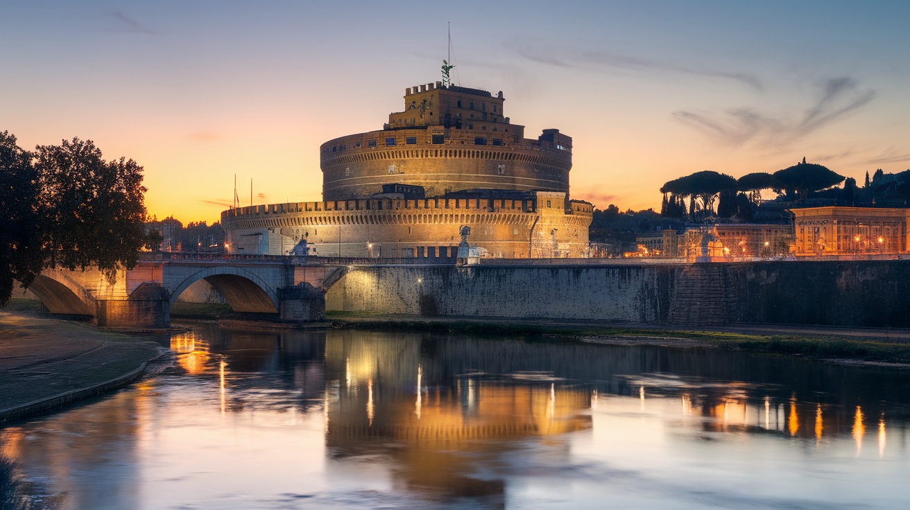 Evening view of Castel Sant'Angelo with reflections in the Tiber River.