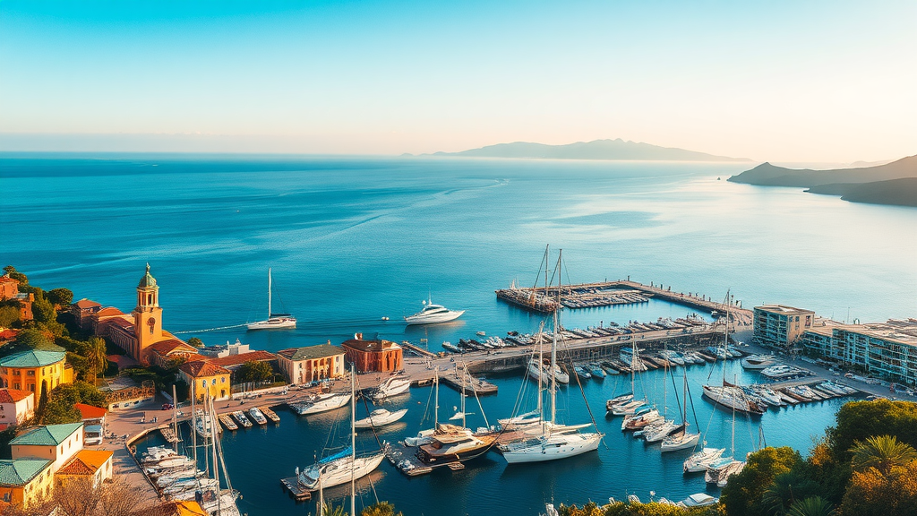 A scenic view of Catalina Island with boats in the harbor and mountains in the background.