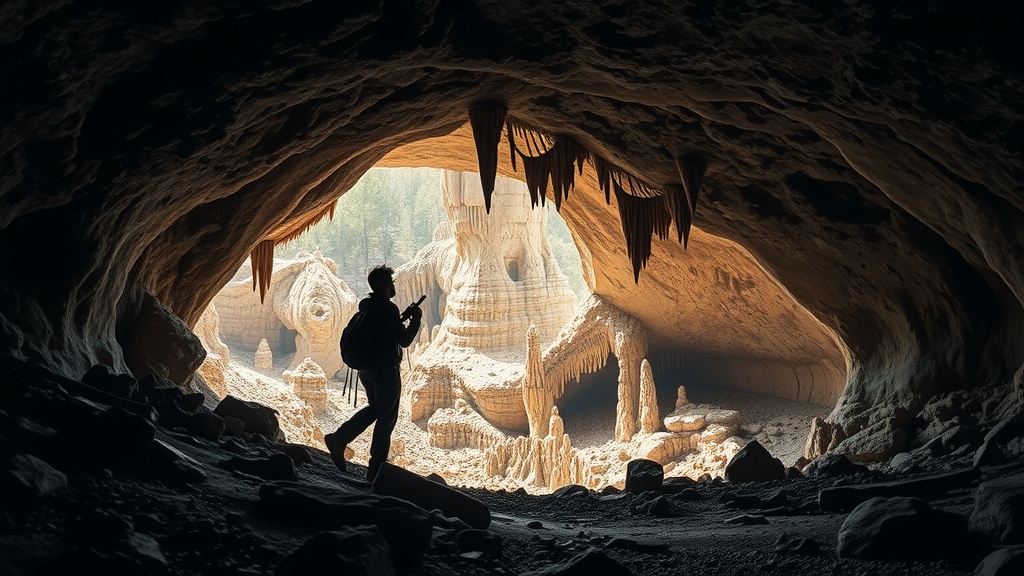 Two people exploring a large cavern with rock formations and light entering from above.