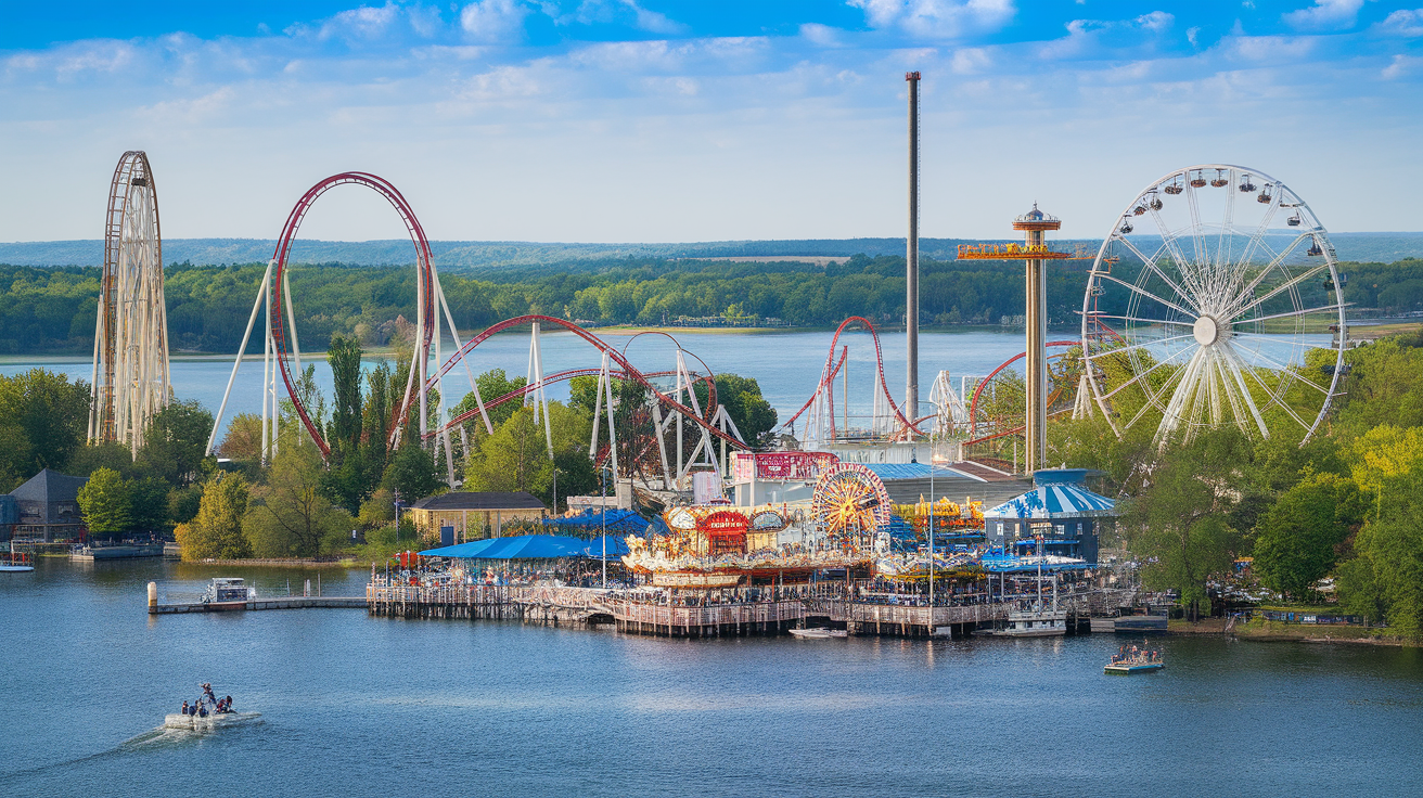 Aerial view of Cedar Point amusement park with roller coasters and a lake.