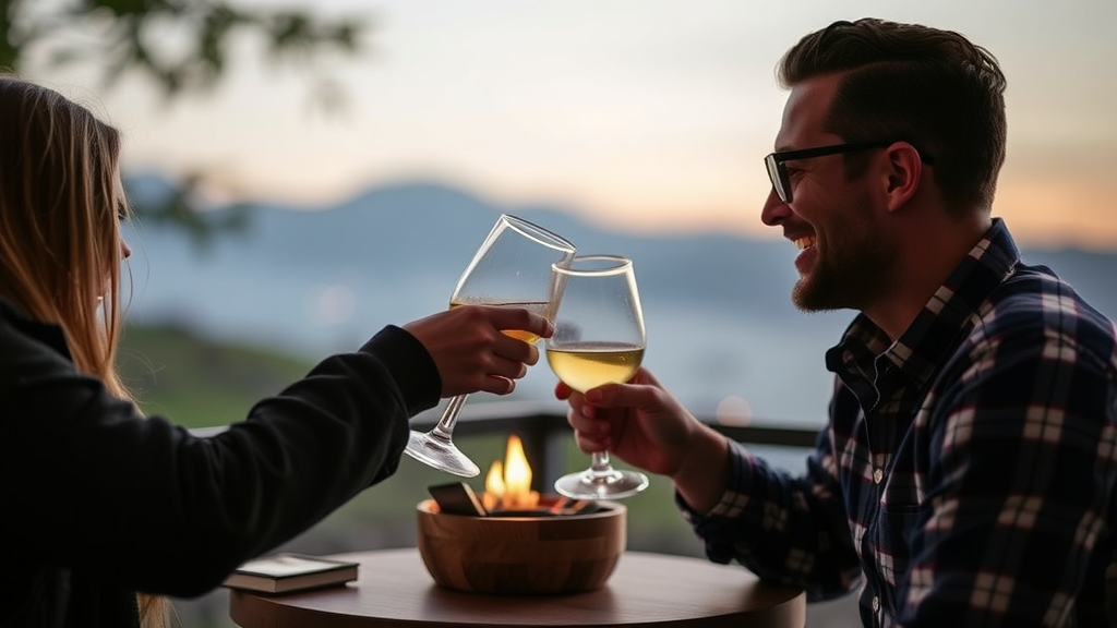 Two hands toast with champagne glasses in front of decorative letters and flowers.