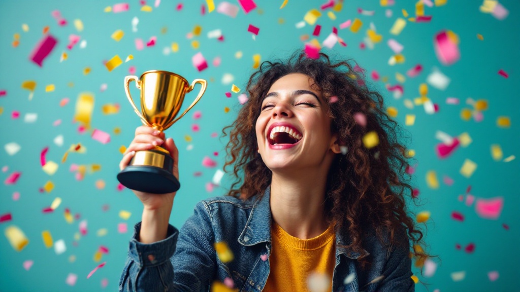 A joyful woman holding a trophy, surrounded by colorful confetti.