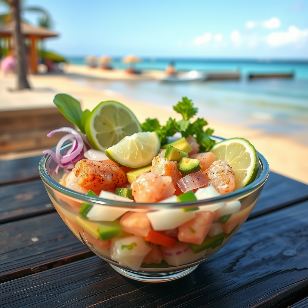 A bowl of ceviche with shrimp, diced vegetables, and lime wedges, set against a beach backdrop.