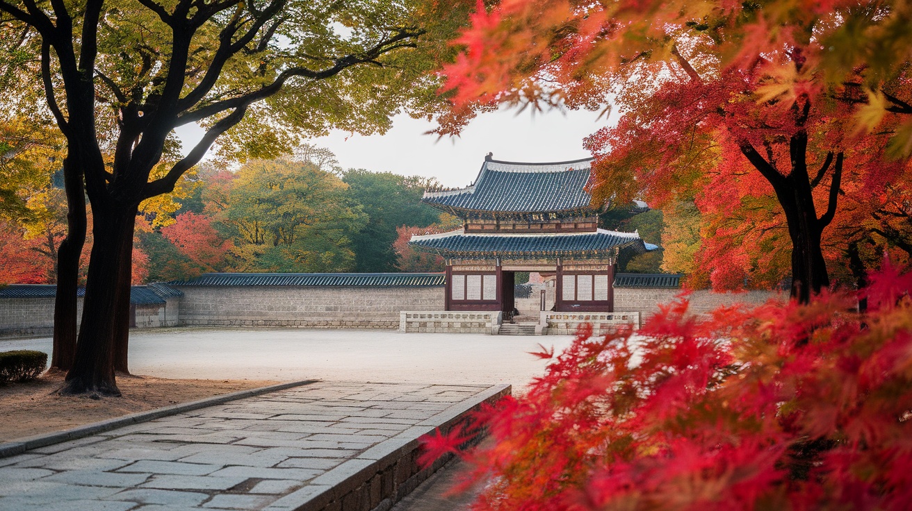 Changdeokgung Palace surrounded by autumn foliage