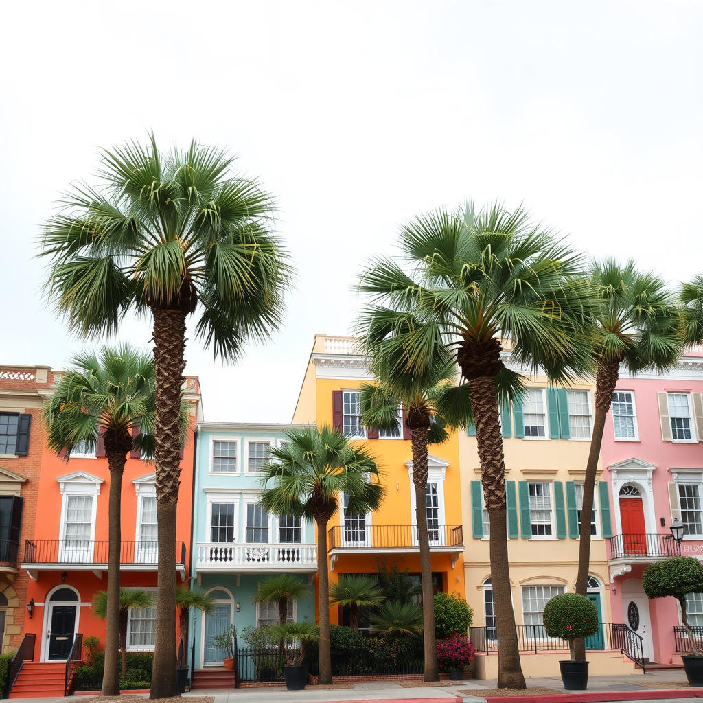 Colorful houses and palm trees in Charleston, South Carolina