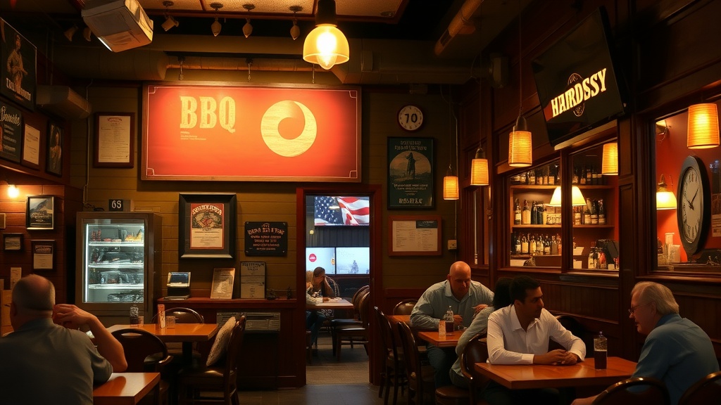 Interior of a BBQ restaurant in Charlotte showing diners and a BBQ sign