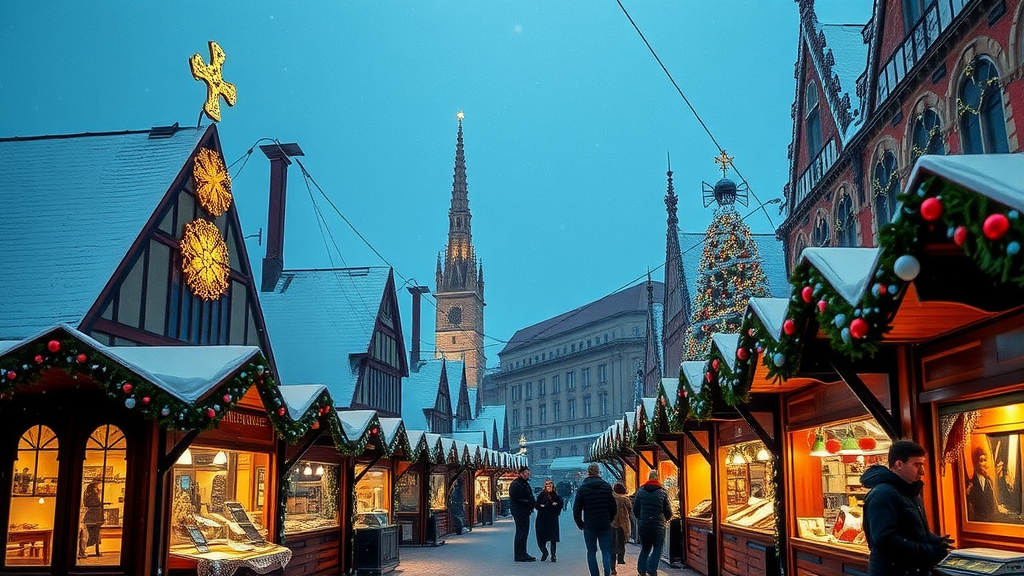 A picturesque Christmas market in Germany with snow-covered stalls, a Christmas tree, and a historic backdrop.