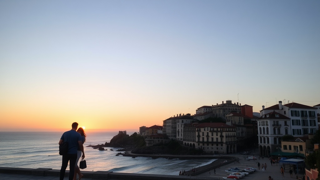 Couple watching the sunset by the coast in Portugal