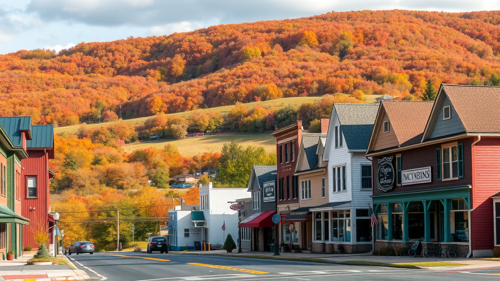 A picturesque street in Abingdon, Virginia, lined with historic buildings and vibrant fall foliage.