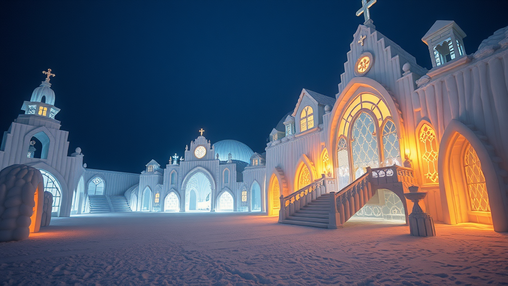 An enchanting ice hotel with intricate designs, illuminated against the night sky.