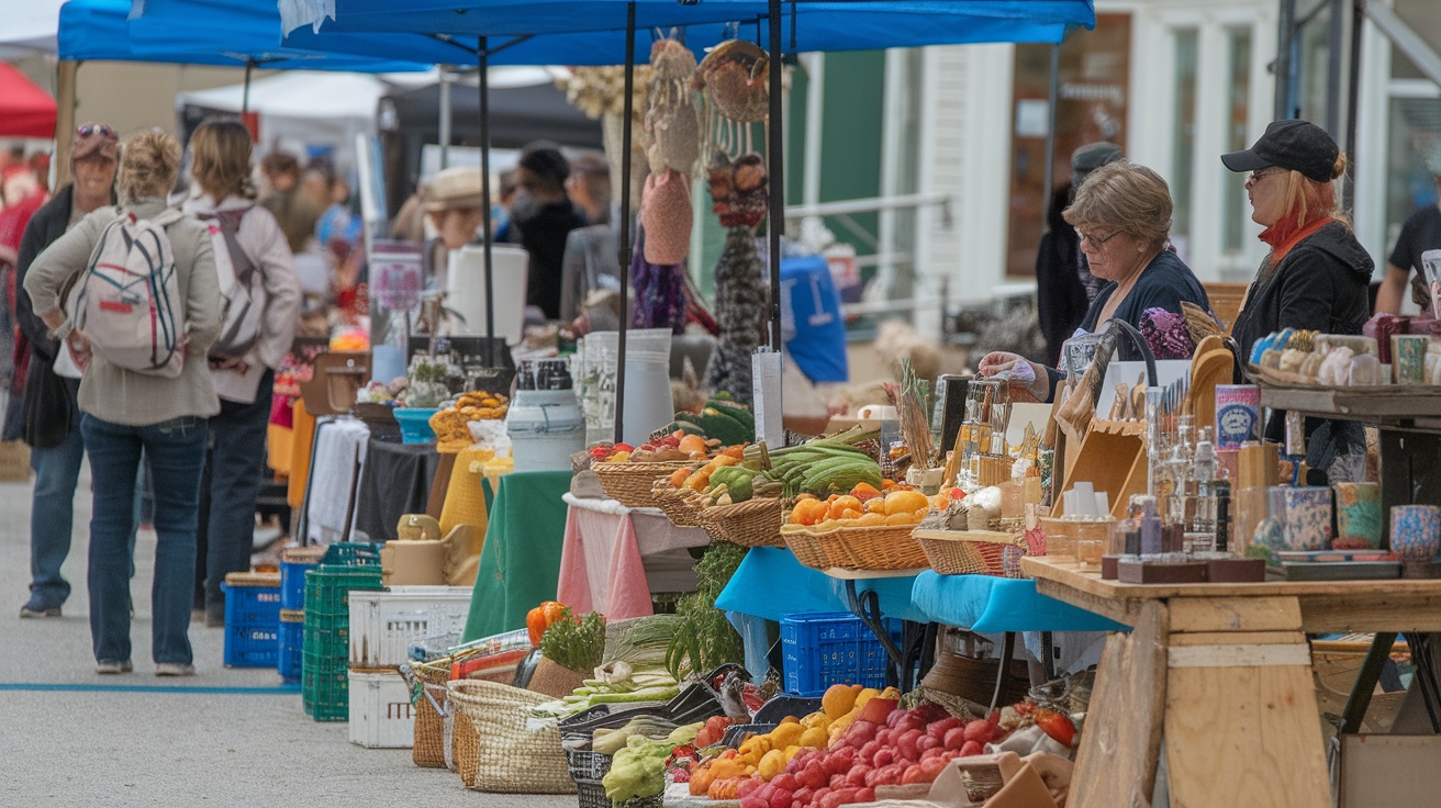 A vibrant market scene with colorful produce and crafts being sold under blue tents.