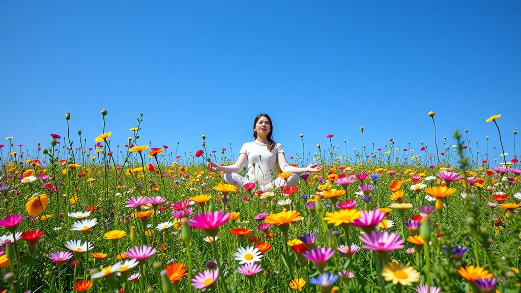 A person meditating in a colorful flower meadow under a blue sky.